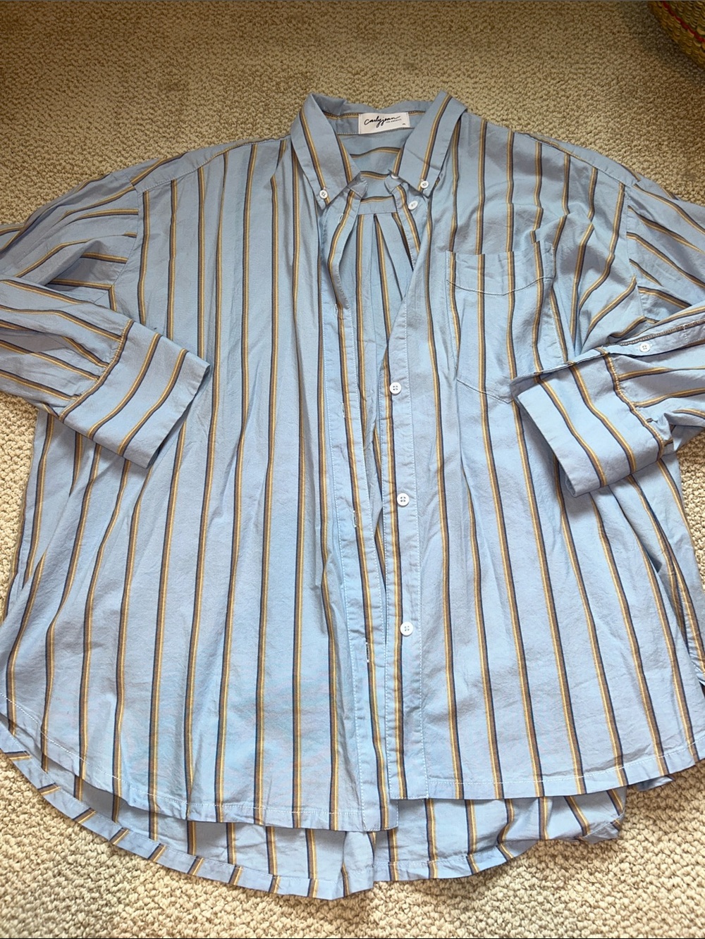 CJLA Light Blue Striped Button-Up Shirt with Tie Neck, size M